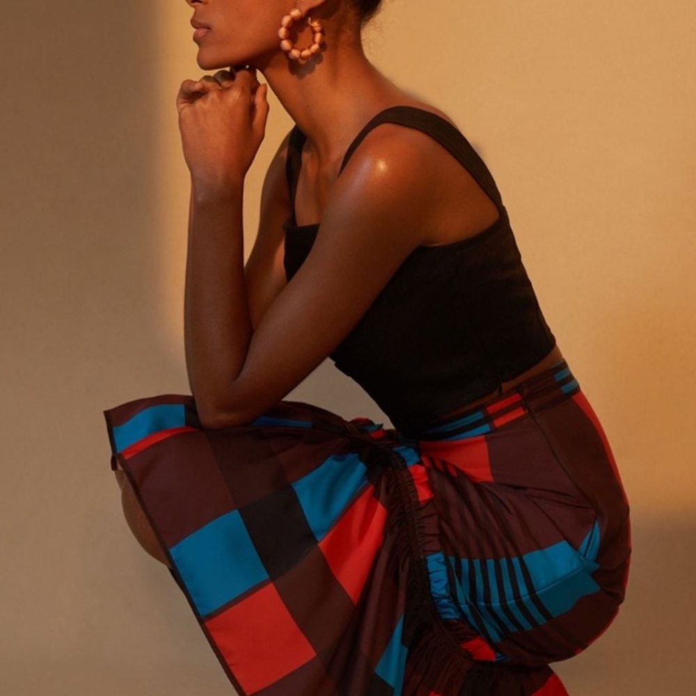 Anthropologie Eva Franco Flounced Midi Skirt plaid satin ruffle 8 NWT - Picture 1 of 7